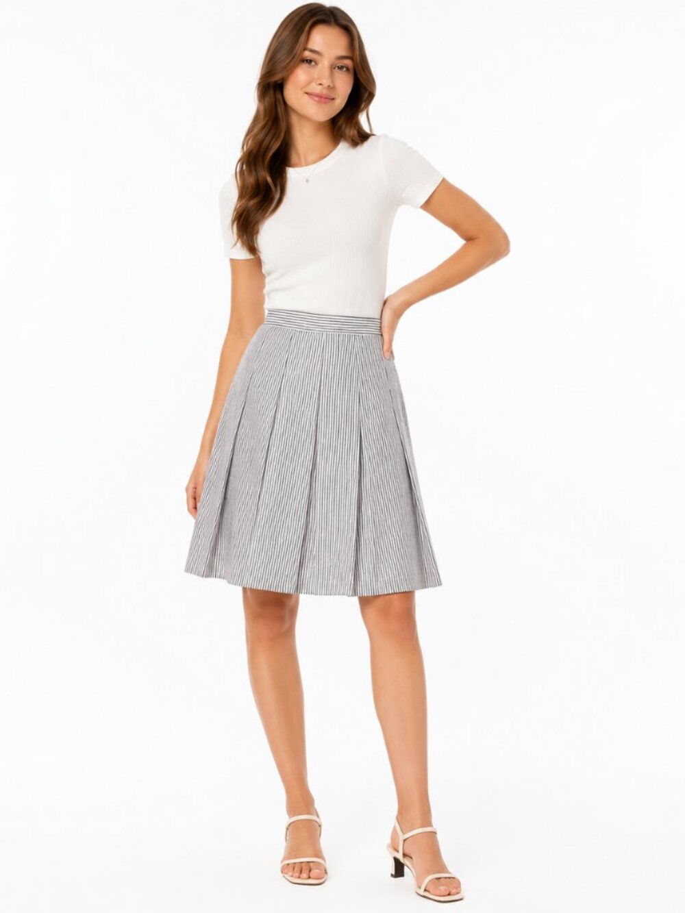 J.Crew Pleated Striped Cotton Skirt Women’s Size 2 Navy White A-Line Knee Length